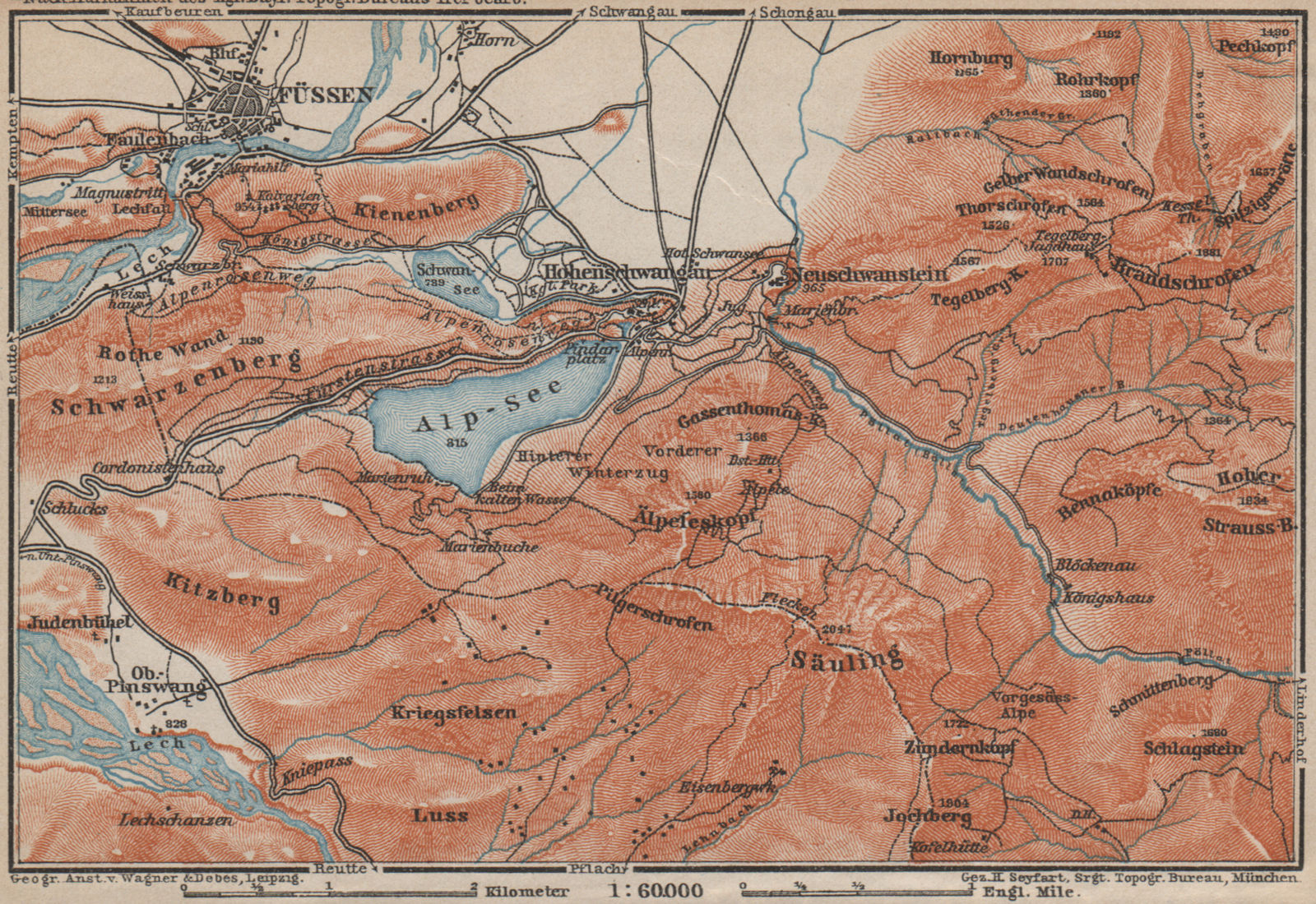 HOHENSCHWANGAU  & FÜSSEN environs. Alpsee Deutschland Österreich karte 1911 map